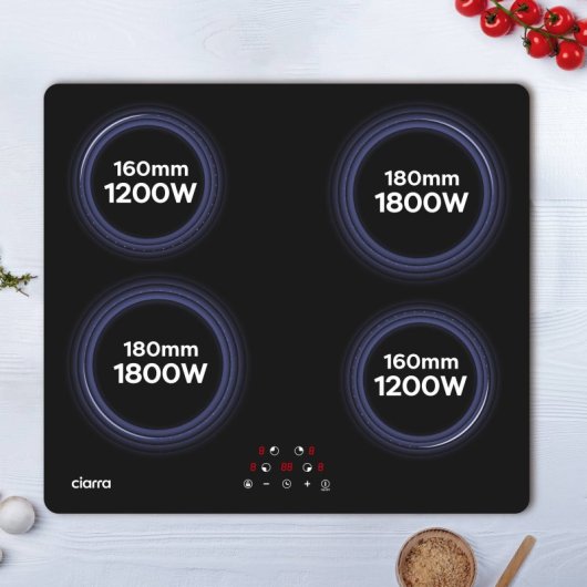 Ciarra AWBBIH4-C Table de cuisson à induction 4 zones avec bouton tactile et minuterie 6000 W 59 cm
