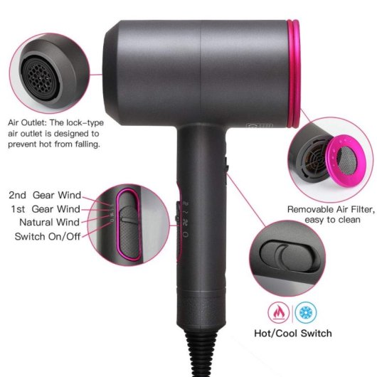 Lalano'S Cosmetics Ionic Super Blow Hair Dryer Secador de Pelo 3 en 1 Rosa