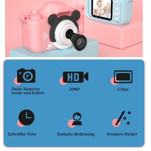 Kinsi H3 Kids Cámara 2.0" 20MP Cámara Dual Delantera y Trasera Rosa