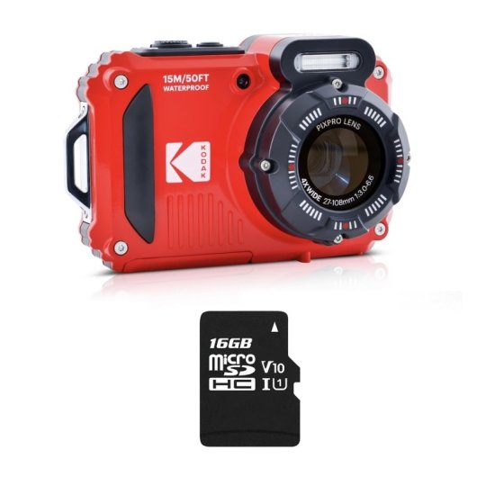 Kodak Pack PIXPRO WPZ2, wasserdichte Digitalkamera, 15 m, 16 MP, WLAN, Rot + 1 SD-Karte mit 16 GB