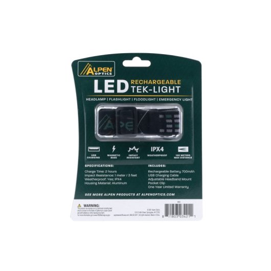 Alphen Optics Tek-light Alpen-lumens Linterna Frontal Led Recargable Variables De 30 Hasta 500