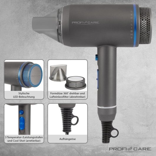 Asciugacapelli professionale Proficare Ht 3082 Ionic, design a tubo, illuminazione a LED, 3 livelli di temperatura