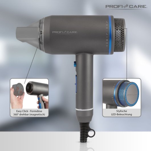 Asciugacapelli professionale Proficare Ht 3082 Ionic, design a tubo, illuminazione a LED, 3 livelli di temperatura