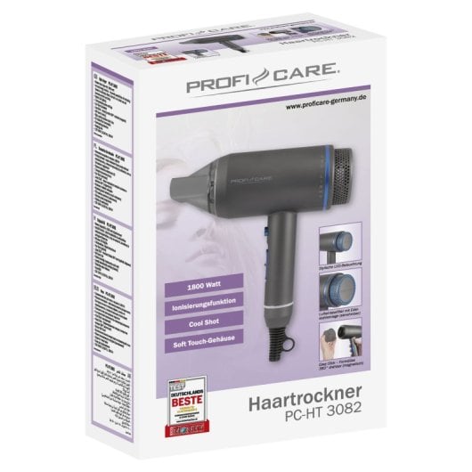 Asciugacapelli professionale Proficare Ht 3082 Ionic, design a tubo, illuminazione a LED, 3 livelli di temperatura