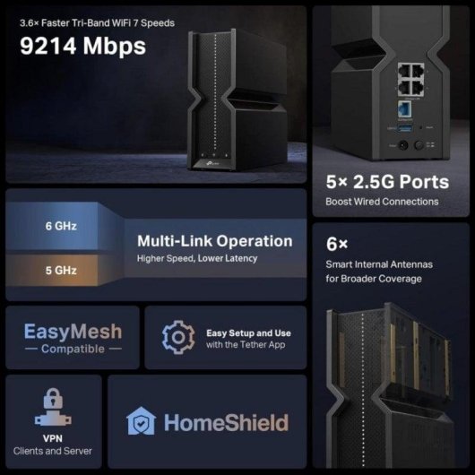 Router TP-Link Archer BE550 WiFi 7 Tribande 9,3Gbps Ethernet 2,5G USB