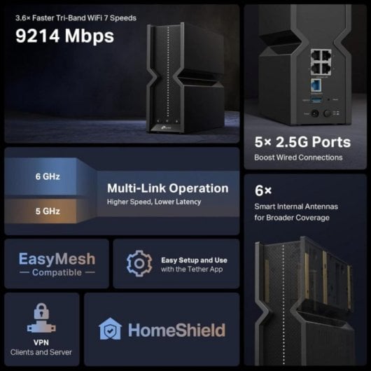 TP-Link Archer BE550 Router WiFi 7 Tri banda BE9300 Homeshield EasyMesh