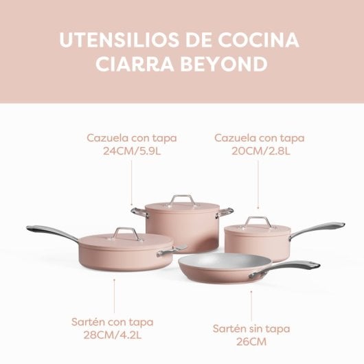 Ciarra Beyond Batería de Cocina 7 Piezas Cacerolas de Inducción 20/24/26/28 cm Rosa