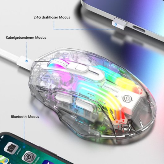 Kinsi BM530 Ratón Óptico Gaming Inalámbrico RGB 3600DPI Transparente Negro