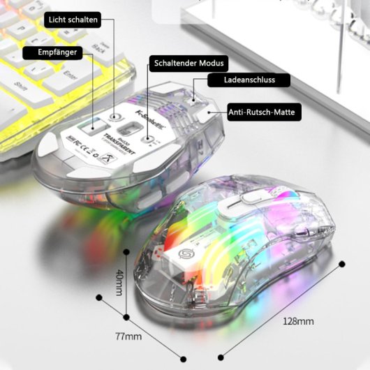 Kinsi BM530 Ratón Óptico Gaming Inalámbrico RGB 3600DPI Transparente Blanco