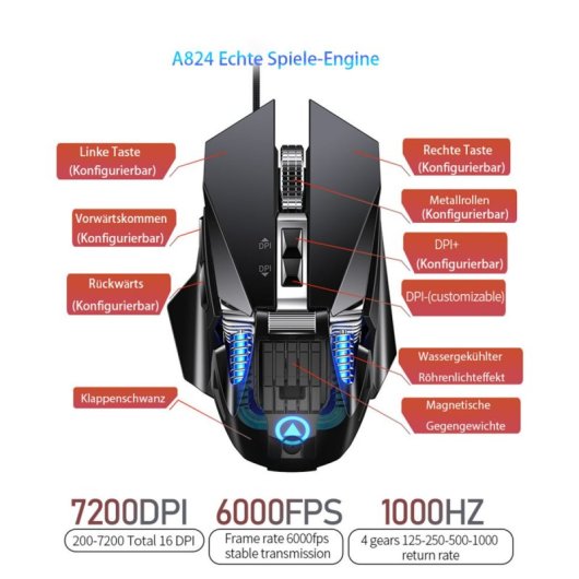 Kinsi G10 Ratón Óptico Gaming RGB 7200DPI Negro