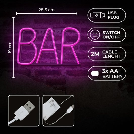 Forever Neon Led Bar Pink Bat Letrero de Neón BAR con USB