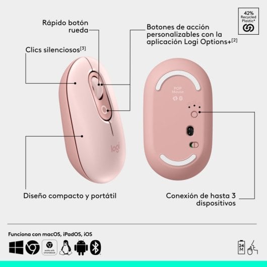 Logitech Pop Mouse Mouse wireless compatto con funzione Emoji personalizzabile, rosa