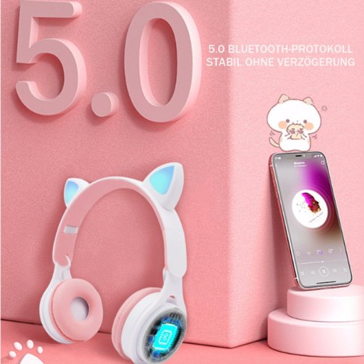 Kinsi Y08M Auriculares Inalámbricos Bluetooth Infantiles RGB con Orejas de Gato Rosas