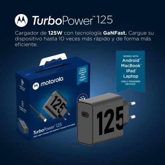 Motorola TurboPower 125 SJMC1252 Cargador de Red Eléctrica USB-C Carga Rápida 125W GaNFast Negro