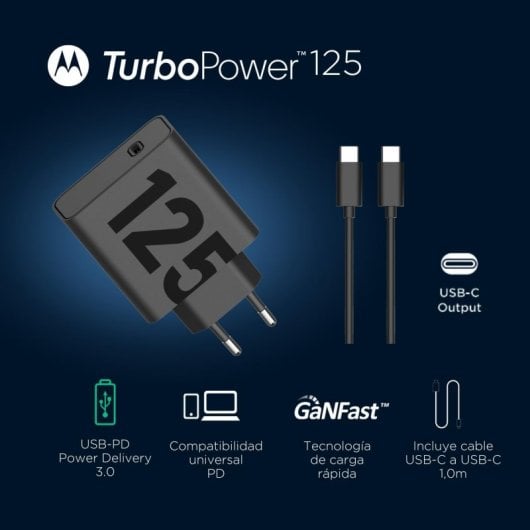 Motorola TurboPower 125 SJMC1252 Cargador de Red Eléctrica USB-C Carga Rápida 125W GaNFast Negro
