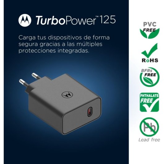 Motorola TurboPower 125 SJMC1252 Cargador de Red Eléctrica USB-C Carga Rápida 125W GaNFast Negro