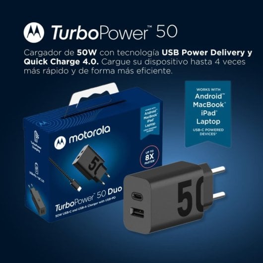 Motorola TuboPower 50 Duo SJMC502 Cargador de Red Eléctrica USB-A + USB-C Carga Rápida 50W Negro