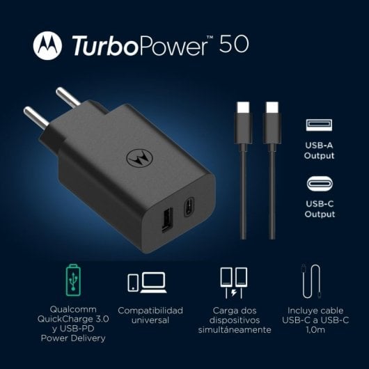 Motorola TuboPower 50 Duo SJMC502 Cargador de Red Eléctrica USB-A + USB-C Carga Rápida 50W Negro