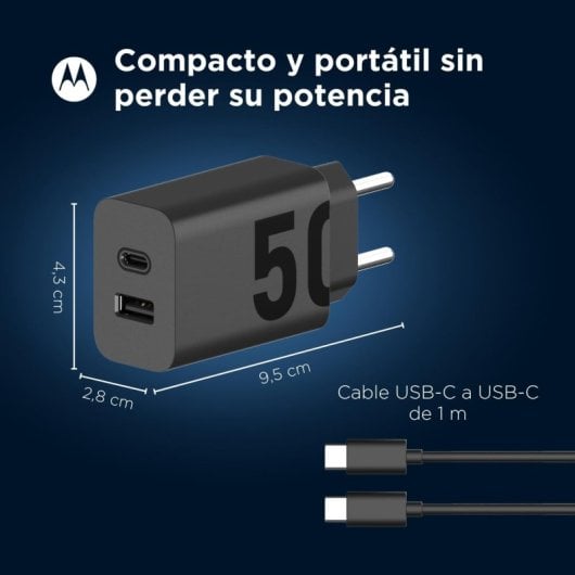 Motorola TuboPower 50 Duo SJMC502 Cargador de Red Eléctrica USB-A + USB-C Carga Rápida 50W Negro