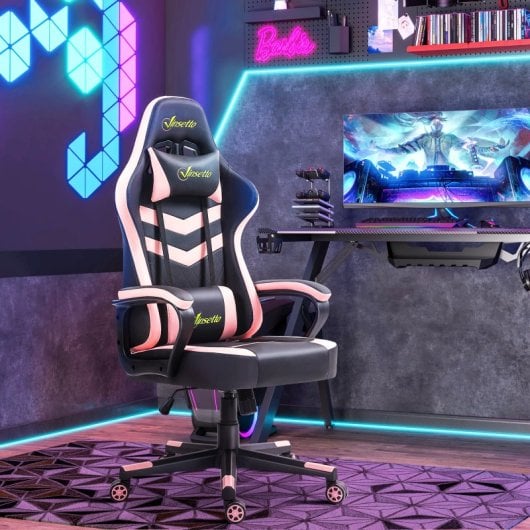 Vinsetto Silla Gaming Basculante con Altura Ajustable y Reposacabezas Rosa