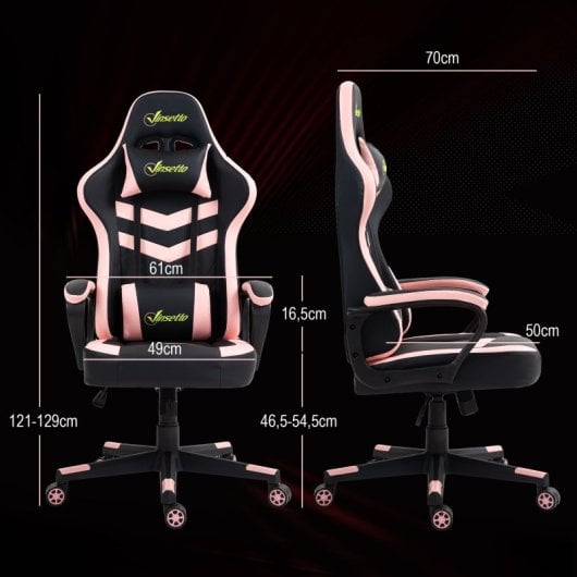 Vinsetto Silla Gaming Basculante con Altura Ajustable y Reposacabezas Rosa