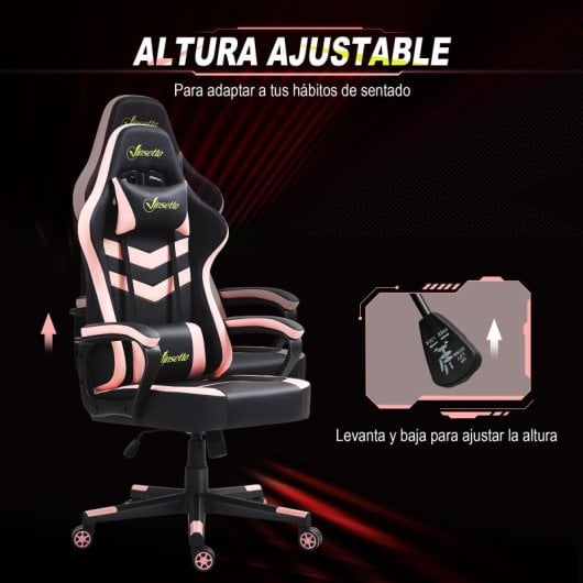 Vinsetto Silla Gaming Basculante con Altura Ajustable y Reposacabezas Rosa