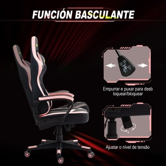 Vinsetto Silla Gaming Basculante con Altura Ajustable y Reposacabezas Rosa