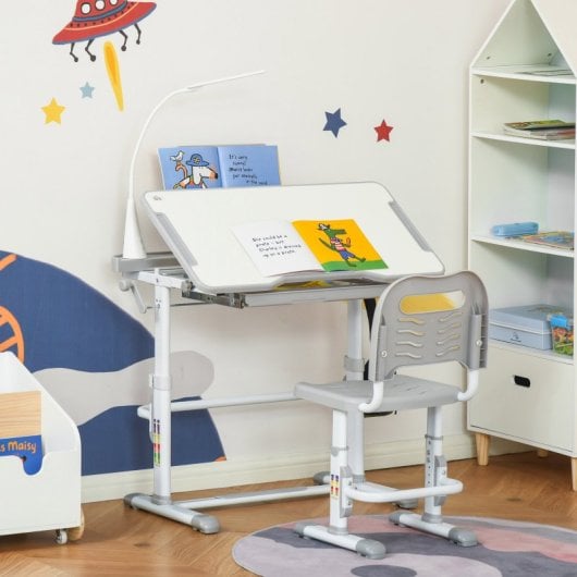 Homcom Juego de Escritorio y Silla Niños con Altura Ajustable y Mesa Inclinable