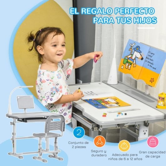 Homcom Juego de Escritorio y Silla Niños con Altura Ajustable y Mesa Inclinable