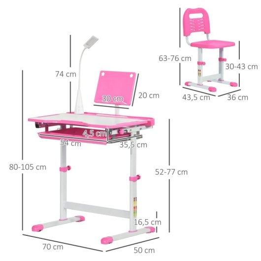 Homcom Juego de Escritorio y Silla para Niños de +6 Años Altura Ajustable Rosa
