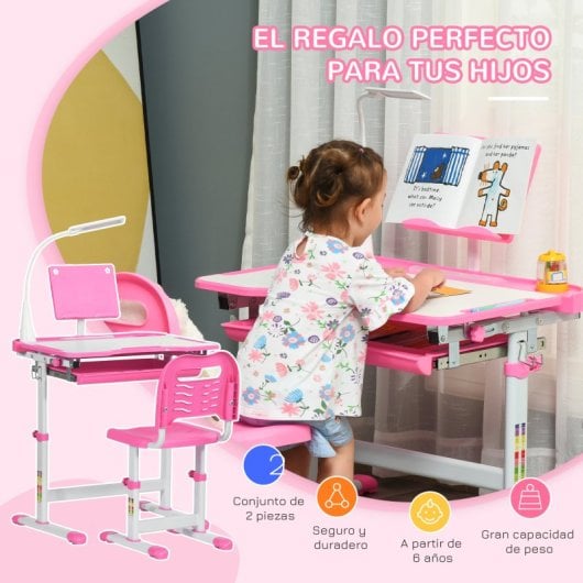 Homcom Juego de Escritorio y Silla para Niños de +6 Años Altura Ajustable Rosa