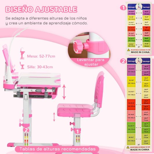 Homcom Juego de Escritorio y Silla para Niños de +6 Años Altura Ajustable Rosa