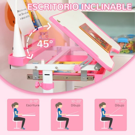 Homcom Juego de Escritorio y Silla para Niños de +6 Años Altura Ajustable Rosa