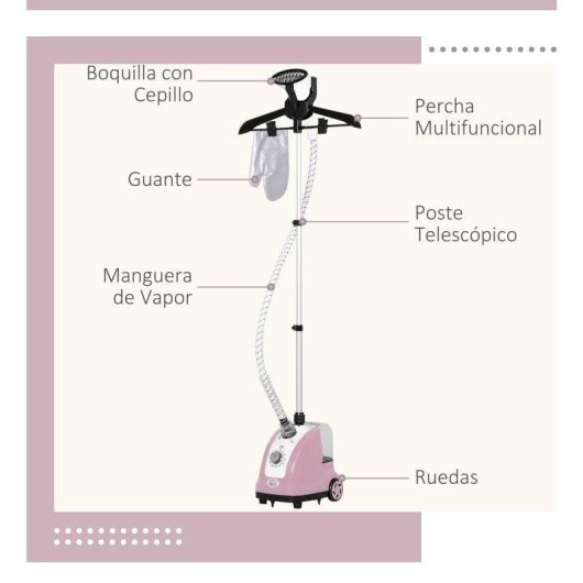 Homcom Plancha de Vapor Vertical con Temperatura Ajustable 1.4L 1800W Rosa