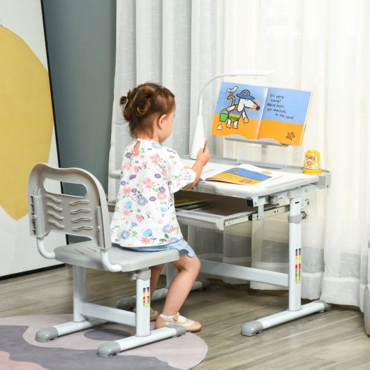 Homcom Juego De Escritorio Y Silla Para Niños De +6 Años Altura Ajustable Gris