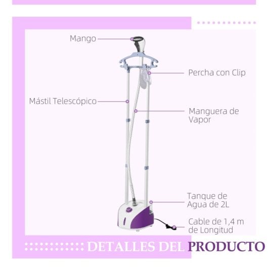 Homcom Plancha Vertical con Temperatura Ajustable en 11 Niveles 2L 1950W Morado