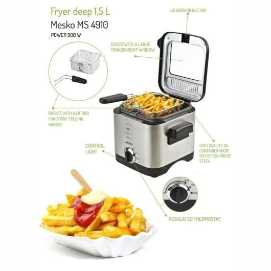 Friggitrice Mesko MS4910 1.5L 900W Acciaio Inox Termostato Anti Odore