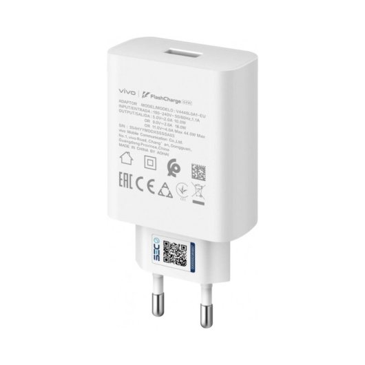 Vivo Flash Charge 44W 4A Schnellladegerät + USB-A auf USB-C Kabel Weiß