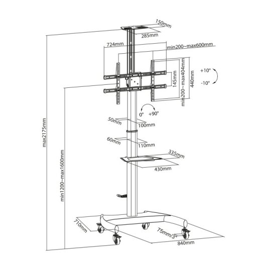 Aisens Soporte de Suelo ECO con Ruedas y Manivela DVD/Cámara para Monitor/TV 50Kg de 37-70" Negro