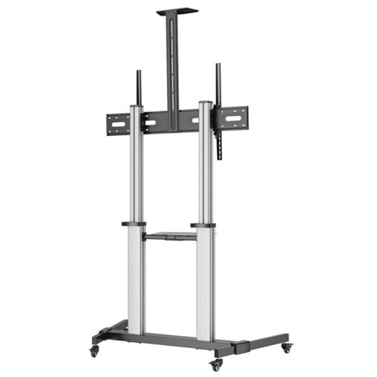 AISENS PRO Bodenständer mit Rollen, DVD-Tablett und Kamerahalterung für Monitor/TV 100 kg von 60–100, Schwarz-Silber