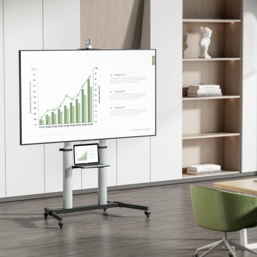 AISENS PRO Bodenständer mit Rollen, DVD-Tablett und Kamerahalterung für Monitor/TV 100 kg von 60–100, Schwarz-Silber