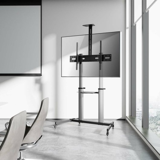 AISENS PRO Bodenständer mit Rollen, DVD-Tablett und Kamerahalterung für Monitor/TV 100 kg von 60–100, Schwarz-Silber