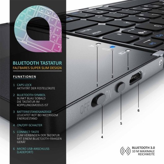 Kinsi B03 Teclado Bluetooth Tríptico Plegable Delgado Negro Qwerty USA