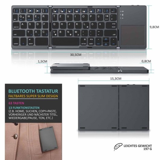 Kinsi B03 Teclado Bluetooth Tríptico Plegable Delgado Negro Qwerty USA
