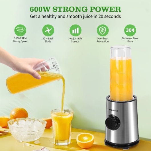 Aigostar Batidora de Vaso 600W 800ml con 4 Cuchillas Acero Inoxidable
