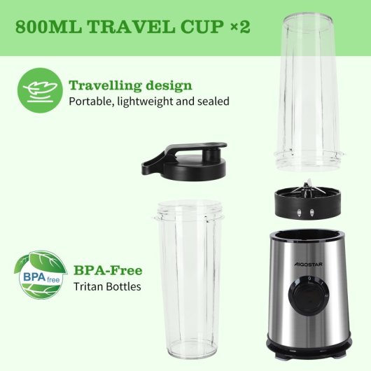 Aigostar Batidora de Vaso 600W 800ml con 4 Cuchillas Acero Inoxidable
