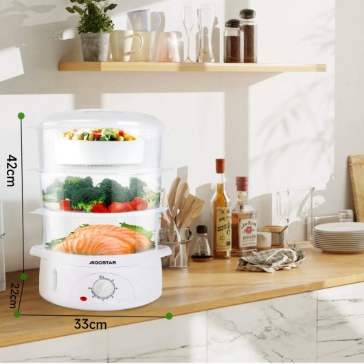 Aigostar Vaporera Eléctrica 800W con 3 Recipientes de 9L Blanco