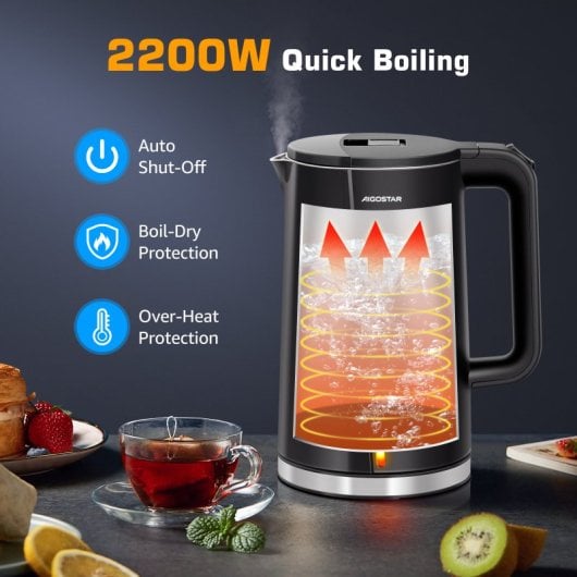 Aigostar Hervidor de Agua Eléctrico de 1.7L 2200W Negro