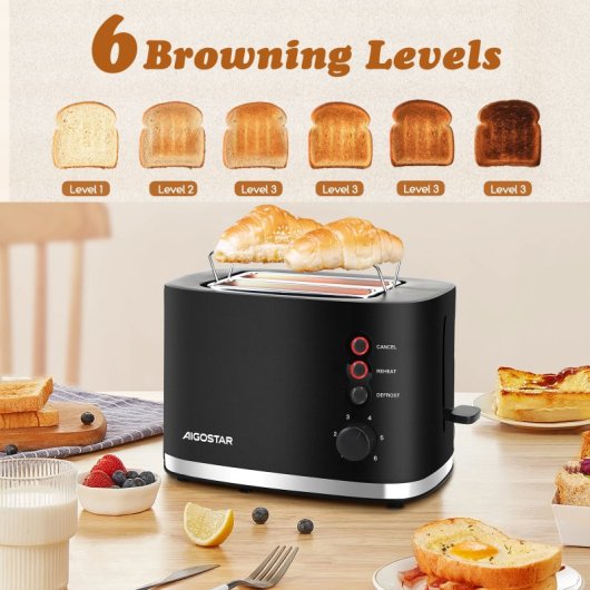 Aigostar Tostador de Dos Rebanadas 800W Negro