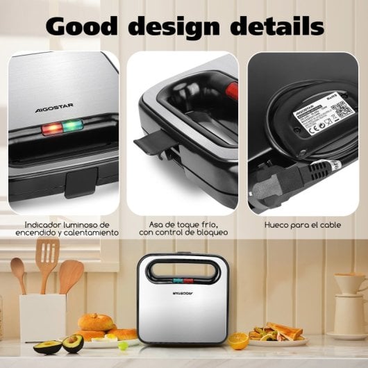 Aigostar Sandwichera para 2 Sandwiches con Revestimiento Antiadherente 750W Negro